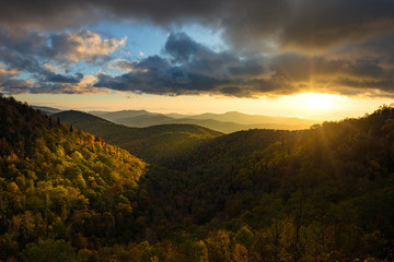 Scenic sunrise over fall foliage, Blue Ridge Mountains, North Carolina