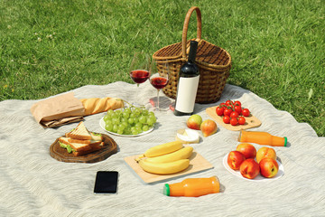 Wicker basket and food on blanket in park. Summer picnic