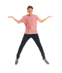 Teenage boy in casual clothes on white background