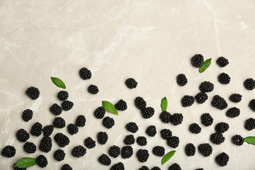 Flat lay composition with fresh blackberry and space for text on gray background