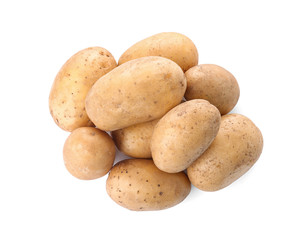 Fototapeta na wymiar Fresh ripe organic potatoes on white background, top view