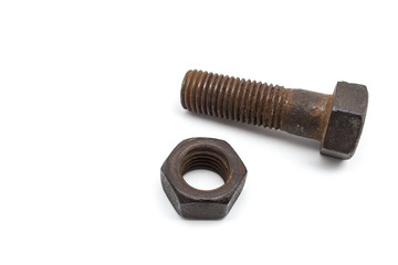 Rusty bolt and nut isolated on white background.