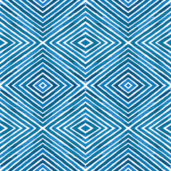 Blue Geometric Watercolor. Curious Seamless Pattern. Hand Drawn Stripes. Brush Texture. Resplendent 