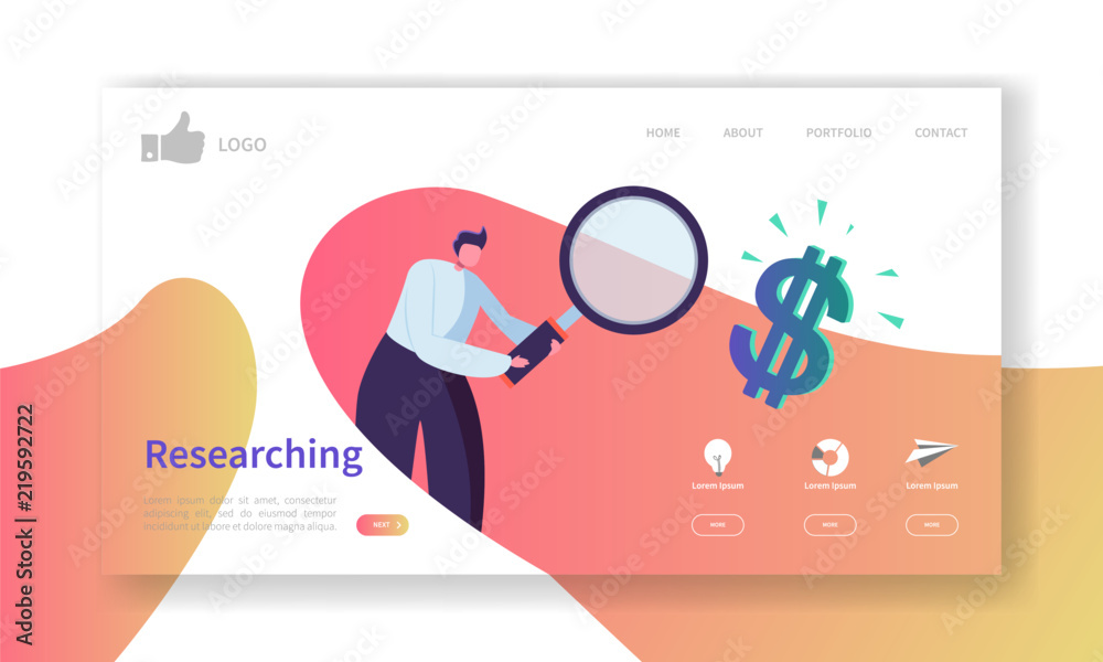 Poster website development landing page template. mobile application layout with flat businessman searching