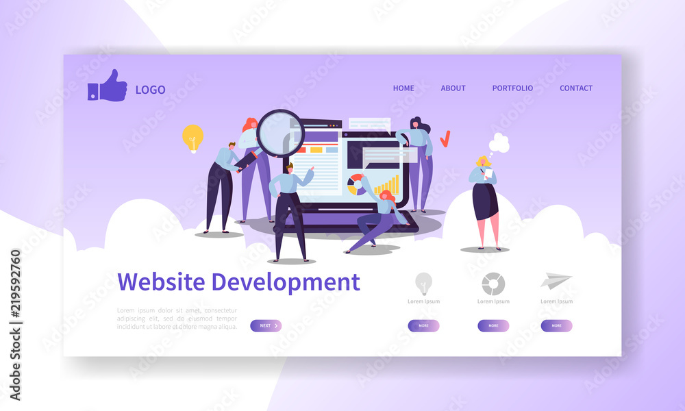 Poster website development landing page template. mobile application layout with flat people characters and