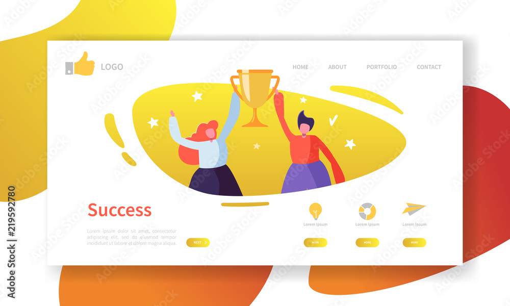 Wall mural website development landing page template. mobile application layout with flat people with golden pr