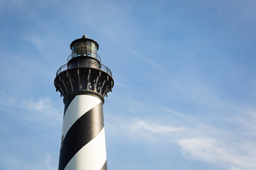 Close-up of Cape Hatteras Light with a Blue Sky, Wispy Clouds and Copy Space