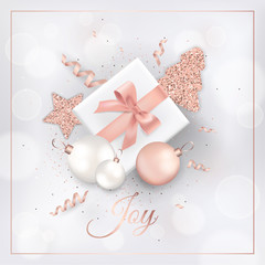 elegant merry christmas card with rose gold glitter christmas balls, stars, christmas tree for invitation or greetings or flyer and new year brochure 2019