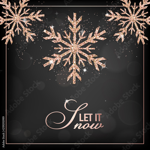 elegant merry christmas card with rose gold glitter snowflakes for