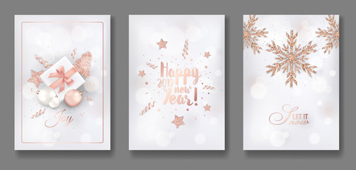 Set of Elegant Merry Christmas and New Year 2019 Cards with Shining Rose Gold Glitter Christmas Balls, Stars, Snowflakes for greetings, invitation, flyer, brochure, cover in vector