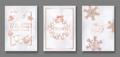 Set of Elegant Merry Christmas and New Year 2019 Cards with Shining Rose Gold Glitter Christmas Balls, Stars, Snowflakes for greetings, invitation, flyer, brochure, cover in vector