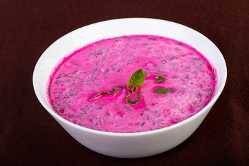 Okroshka soup with beetroot