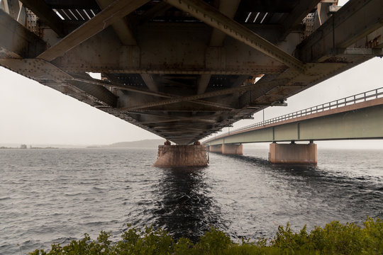 Kemijärvi Finland, underside of the steel railway bridge on a rainy day