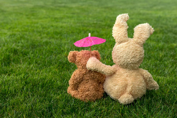 Two friend children's plush toys sit embracing on the grass on a sunny summer day. . The concept - love, friendship, care, support. Copy space for text