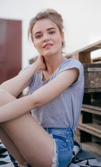 Portrait of beautiful young brunette woman with makeup