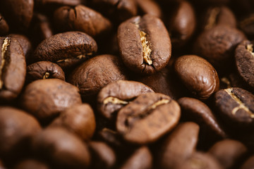 Coffee beans roasted on a wooden table with much of beans with a great aroma