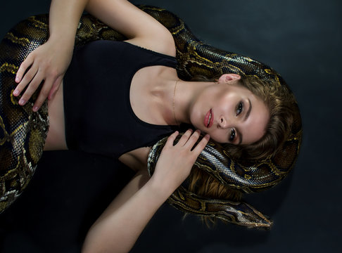 beautiful girl and big python in the studio