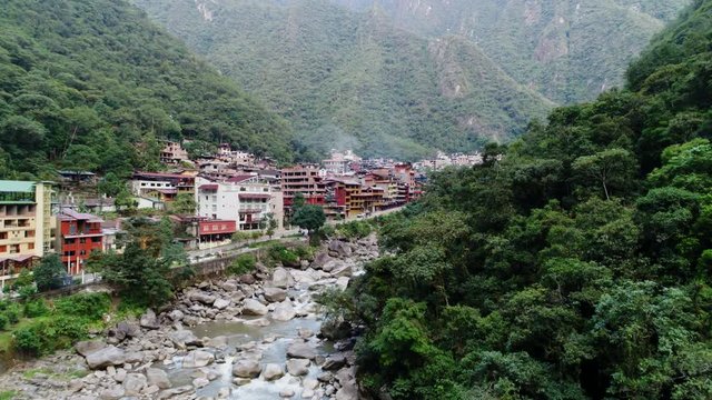 PERU: Aerial of Aguas Calientes near Machu Picchu