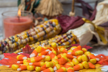 Candy corn with fall decorations