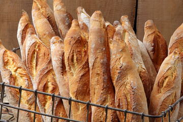 French baguette in metal basket