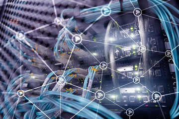 Wi fi network abstract structure on modern server room background.
