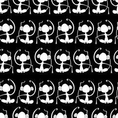 Monkey silhouettes white on black seamless pattern background. Meditating monkeys. Great for kids market, kids decor, boys, fabric design, wallpaper, scrap booking. Vector surface pattern design.
