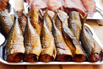 Fresh golden smoked mackerel closeup photo