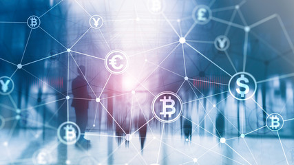 Double exposure Bitcoin and blockchain concept. Digital economy and currency trading.