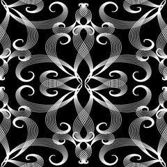 Vintage line art tracery floral vector seamless pattern. Black a