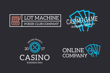 Set of retro vintage jackpot slot machine, roulette, game cards, fortune wheel logo or insignia, emblems, labels and badges and other branding objects. Vector line style