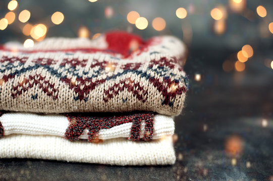 Pile Of Sweaters. Winter Christmas Knitting