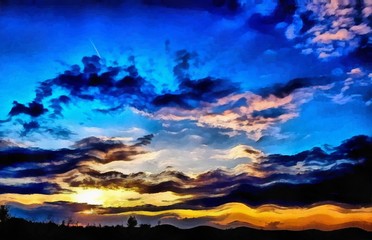 Oil painting. Art print for wall decor. Acrylic artwork. Big size poster. Watercolor drawing. Modern style fine art. Painting for sale. Beautiful nature landscape. Wonderful red sunset. Charming view.