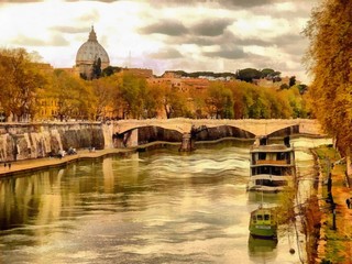 Oil painting. Art print for wall decor. Acrylic artwork. Big size poster. Watercolor drawing. Modern style fine art. Painting for sale. Beautiful landscape. Wonderful view.  Historical european city. © Pavel