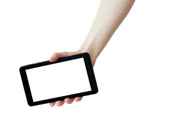 Black tablet computer in the girl's hand. White isolate.