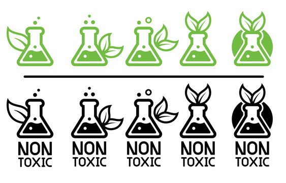 Green Care And Non-toxic From Science Technology (leaf& Eco Chemical Icon Concept). Environmental Chemistry Certified Safety For User Product.