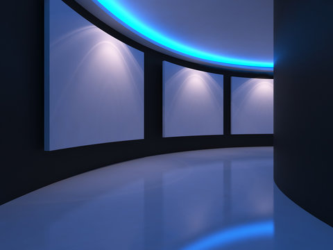 Empty room with white canvas on a curve wall blue light in the gallery