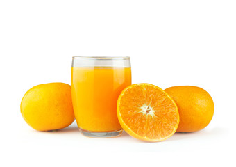 A glass of orange juice and an oranges isolated on white background 