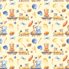 Watercolor pattern with cartoon animals on the train. Illustration with a giraffe, an elephant, a bear for a children's birthday, cards, invitations, wallpapers, scrap paper.
