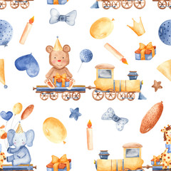 Aquarel patroon met tekenfilm dieren op de trein. Illustratie met een giraf, een olifant, een beer voor een kinderverjaardag, kaarten, uitnodigingen, behang, kladpapier.