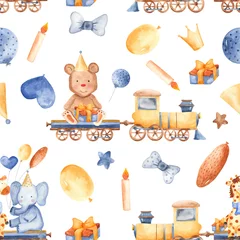  Aquarel patroon met tekenfilm dieren op de trein. Illustratie met een giraf, een olifant, een beer voor een kinderverjaardag, kaarten, uitnodigingen, behang, kladpapier. © MarinaErmakova