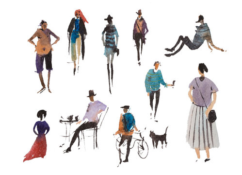 Different types of walking people Watercolor illustration Quick sketch drawing.