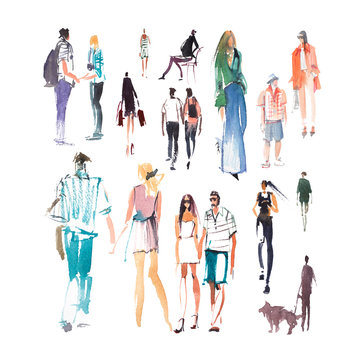 Walking people Watercolor illustration Quick sketch drawing, speed paint.