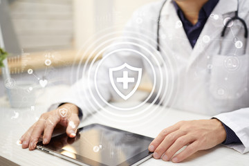 Medical concept on virtual screen. Healthcare. Online medical consultation and health check, EMR, EHR.