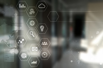 Business and technology concept. Graphs and icons on virtual screen.