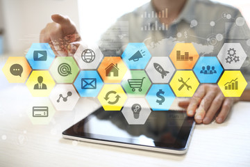 Colored applications icons and graphs on virtual screen. Business, internet and technology concept.