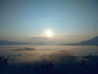 Fog in the morning sunrise on the jungle mountain landscape in Thailand