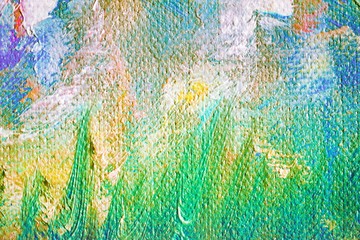 Grunge colorful green blue and yellow background with brush strokes. Oil painting on canvas. Scratched wall texture. Fragment of artwork.