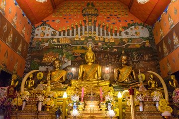 traditional buddha statues decoration in thai chapel