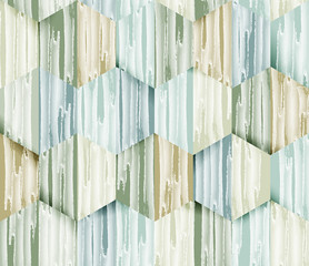 Seamless pattern, watercolor lines texture in hexagon shapes with shadow, pastel green and blue tones