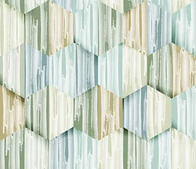Wallpaper murals Hexagon Seamless pattern, watercolor lines texture in hexagon shapes with shadow, pastel green and blue tones